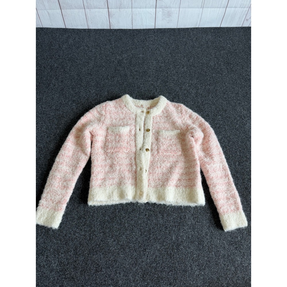 Crewcuts J Crew Girls Pink Cream Boucle Cardigan Sweater Gold Buttons Size M 8-9